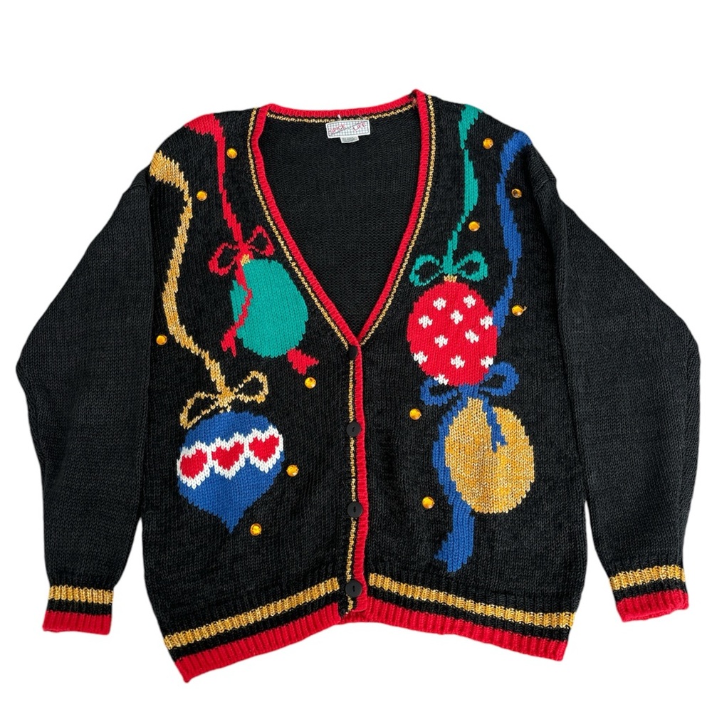 Festive Black vintage Cardigan with Colorful Ornaments